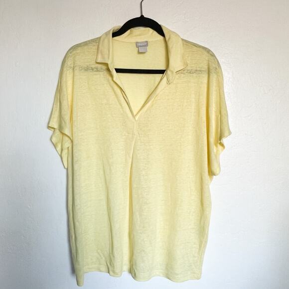 Chicos Top Size 2 Large  ButterYellow Linen Knit Short Sleeve Collar Lightweight - Picture 1 of 5